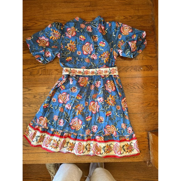 Joie Dresses & Skirts - Joie Blue Floral Puff Sleeve Belted Mini Dress Size 10 Button Front Ruffle Hem